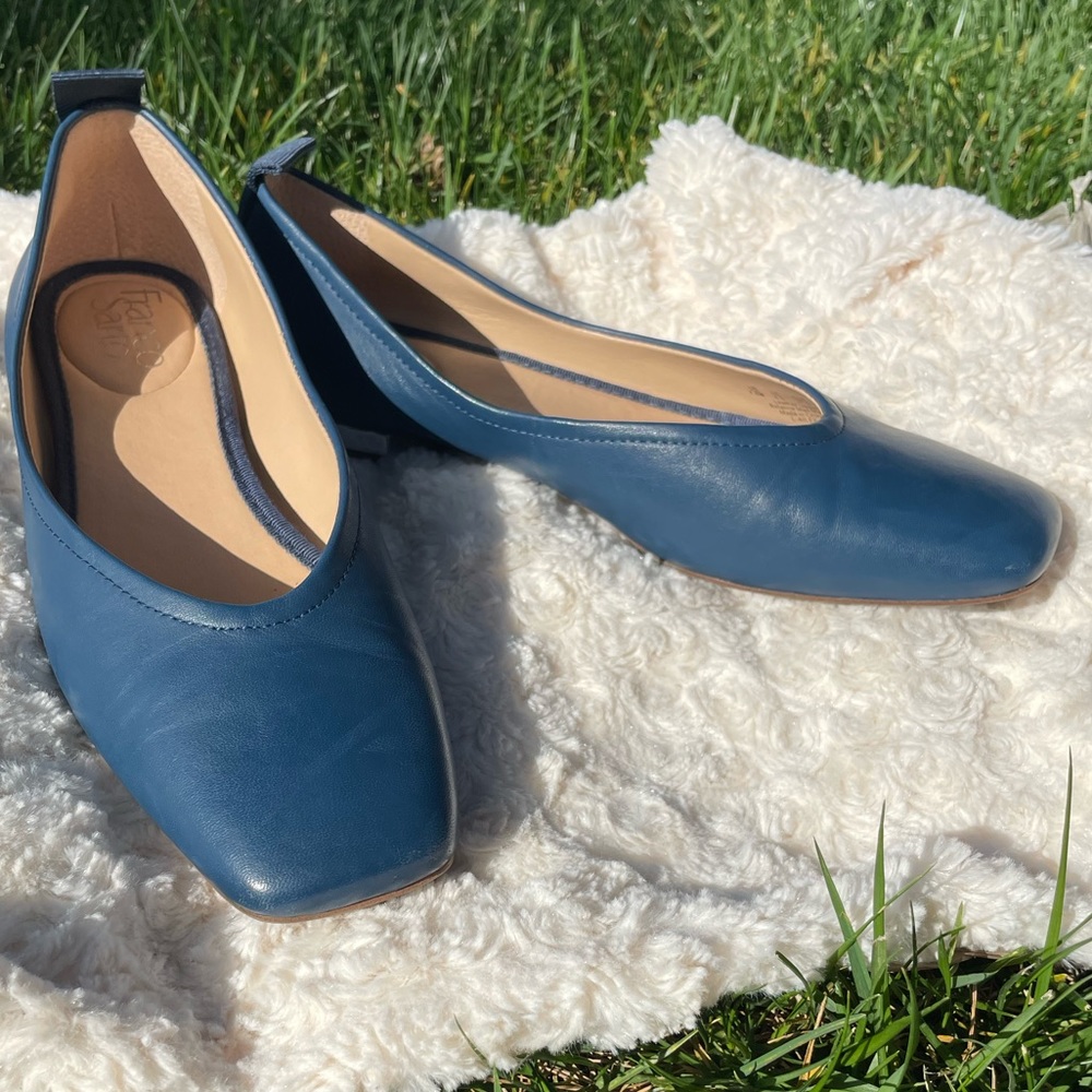 Franco Sarto Blue Leather Square Toe Ailee Flats Size 7.5